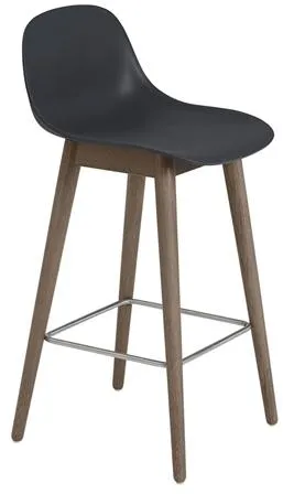 Muuto Fibre Barkruk met houten onderstel en rugleuning Zwart/Donkerbruin H87,5 cm