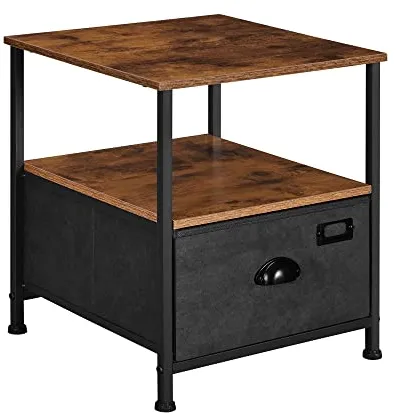 SONGMICS nachtkastje, met 2 legplanken en 1 lade - rustiek bruin MDF en zwart imitatie suède/metaal (41x41)